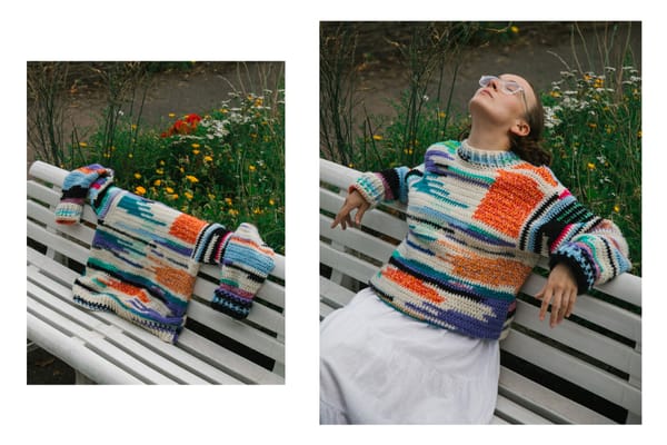 Photo of British singer/songwriter Morgan Harper-Jones, showing the artist wearing a colorful sweater and enjoying the sun on